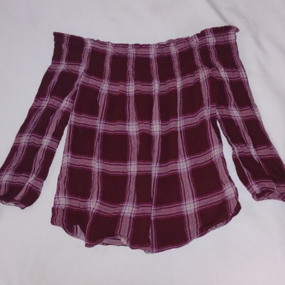 Living Doll Off The Shoulder Plaid Blouse - Picture 3 of 4